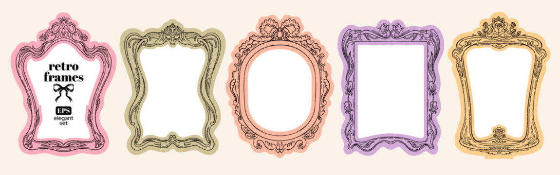 Frame for mirror. Art nouveau border. Vector frame for picture, vintage photo, mirror. Decorative ornament doodle bg. Painting oval floral shape pattern. Victorian gallery design. Art nouveau border