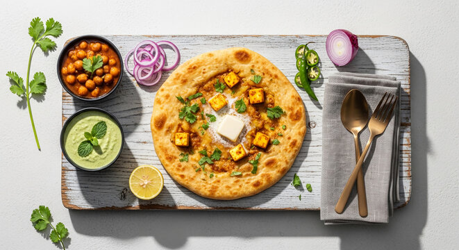 Indian Amritsari Kulcha, paneer flatbread, served with spicy chickpea curry, mint chutney, and garnishes on a wooden board for a traditional meal