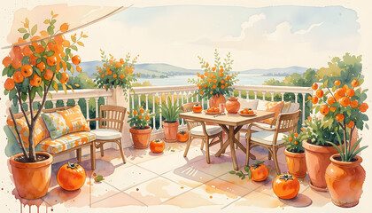 Naklejka premium Mediterranean balcony with citrus trees overlooking the coast