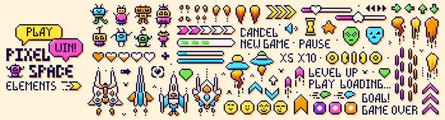 Pixel art 8 bit space elements. Color images of UFO, riders, spaceships, and other game elements. © Aleksandra Abramova