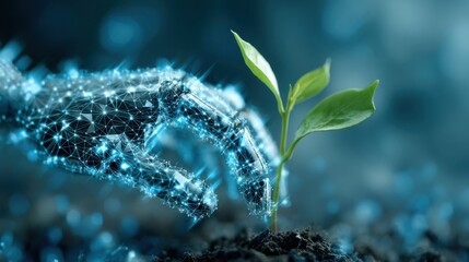 Digital hand nurturing a growing green plant