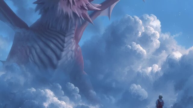 Epic Encounter - Dragon in the Clouds with a Lone Figure.