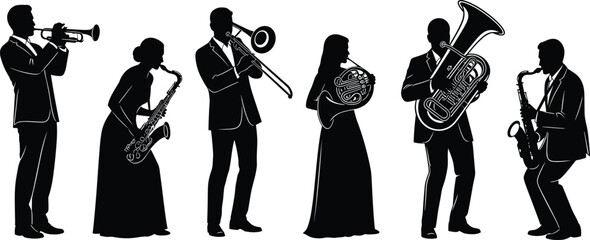 Set of Black Silhouette Vector Illustrations Featuring Diverse Musicians Playing Instruments Including Saxophone Trumpet Trombone and Tuba for Jazz Band and Music Designs © Ashrat