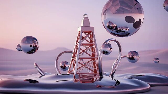 Futuristic chrome oil rig structure melting in surreal desert at dawn