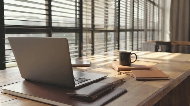 Laptop computer on wooden desk with notebooks and coffee mug in office setting with blinds