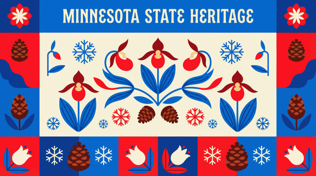Minnesota State Heritage Illustration with Floral Folk Art and Pinecones