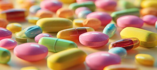 The pills colorful assortment of glossy capsules and tablets scattered on a bright surface