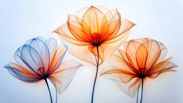 A delicate arrangement of transparent flowers in orange and blue hues
