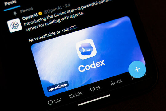 Warsaw, Poland - Feb 5, 2026: Close-up of a smartphone screen displaying the Codex app interface from OpenAI, showing features related to building with agents. Technology-focused design.