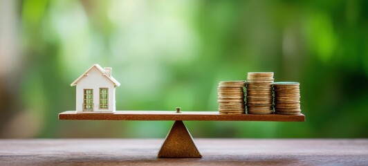 The house model balanced on a seesaw with stacks of coins symbolizing investment