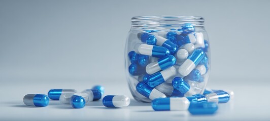 The jar of blue and white capsules spilling across a clean reflective surface