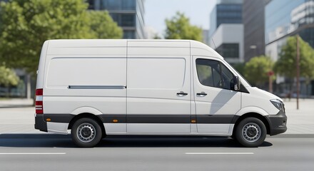 Commercial white cargo panel van parked on asphalt street presenting a realistic transportation mockup ready for delivery service branding or logistics advertising in an urban setting.