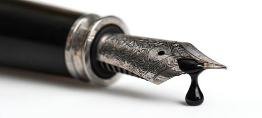 The fountain pen nib with a black ink droplet on white background