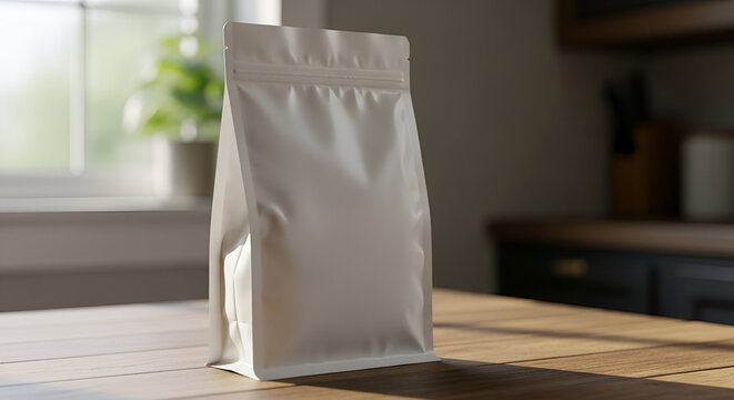 Blank white stand up pouch mockup with resealable zip lock closure sitting on a wooden table bathed in natural sunlight near a softly blurred window background