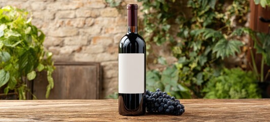 The Wine Bottle with Grapes on Rustic Wooden Table in Sunlit Vineyard Setting