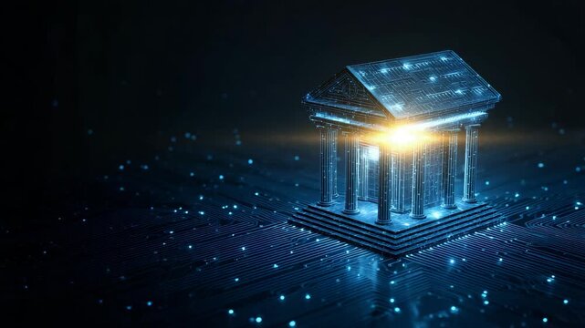 A futuristic digital illustration of a glowing blue bank building with columns on a circuit board
