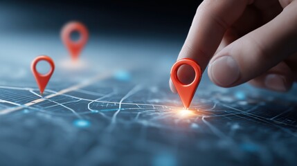 Finger pointing at glowing red location pin on map