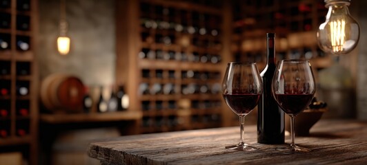 The Wine Bottle and Two Glasses of Red Wine on Rustic Wooden Table