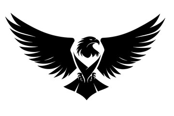 Obraz premium Soaring Symbol of Strength: A majestic black bird of prey, a falcon, with wings spread wide, epitomizing strength and freedom against the clear sky, a symbol of power, vision, and determination.