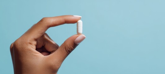 The Capsule Held Between Two Fingers Against A Soft Blue Background