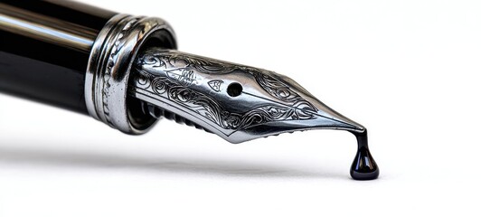 The Fountain Pen Nib With Elegant Engraving and a Droplet of Ink