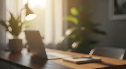 Fototapeta premium Modern home office desk with laptop, plants, and warm sunlight for productivity