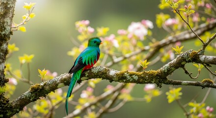 Naklejka premium A vibrant Resplendent Quetzal perches on a mossy branch in sunlight.