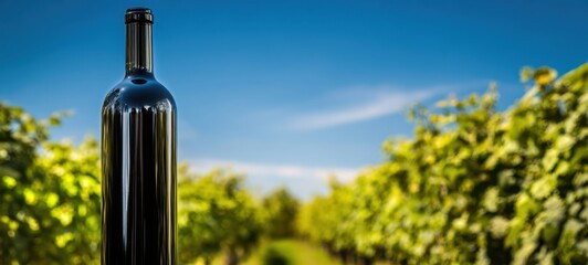 The wine bottle in a sunlit vineyard under a clear blue sky with grapevines