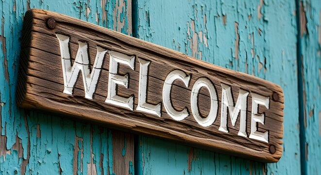 A rustic wooden welcome sign against a blue wooden background
