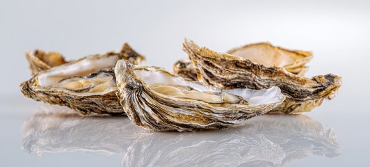 The Oysters on Reflective Surface Fresh Raw Seafood Closeup with Shells