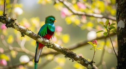 A male Resplendent Quetzal rests on a branch surrounded by flowers.