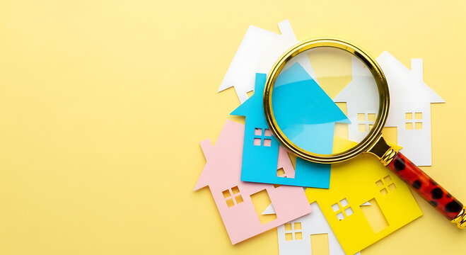 A magnifying glass hovers over a pile of colorful paper houses on a bright yellow background