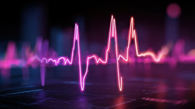 Glowing neon heart rhythm line on futuristic background