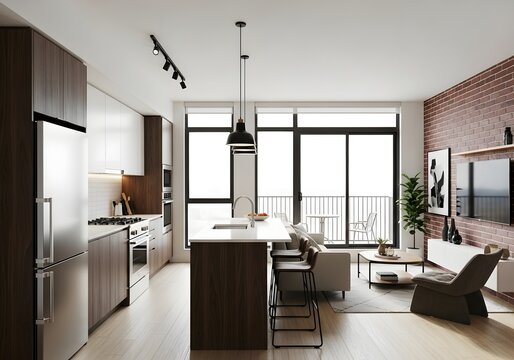 Modern kitchen and living room with large windows and a balcony view