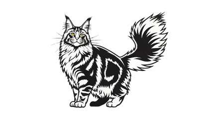 Obraz premium Maine Coon Cat Illustration Black and White.
