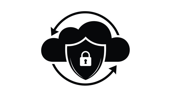 Cloud data security and synchronization concept depicted by an icon with a shield and padlock