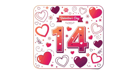 Festive graphic design celebrating the fourteenth day of February with vibrant heart illustrations