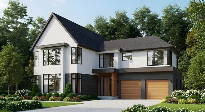 Modern two story house with attached garage and large windows