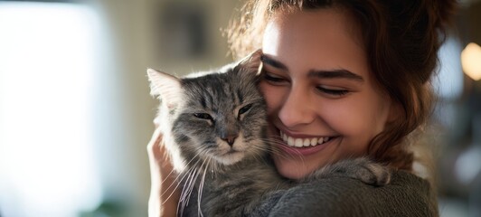 The Cat Cuddled by a Happy Young Woman in Warm Indoor Natural Light