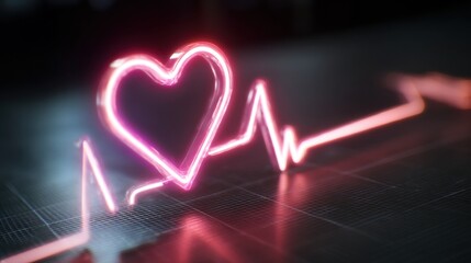 Neon heart with electrocardiogram line