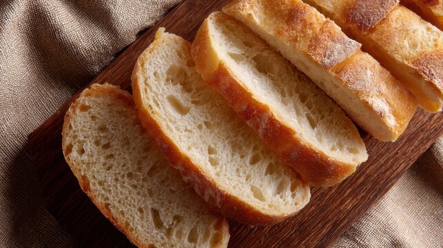 close-up sliced ciabatta bread texture on wooden board, panoramic food background, rustic bakery detail