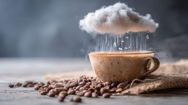 Coffee Cup with Rain Cloud and Coffee Beans.