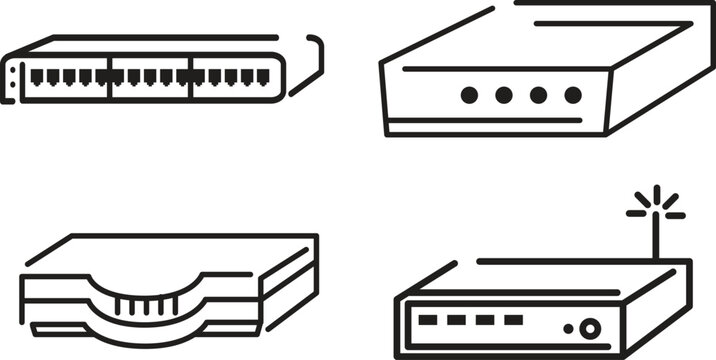 A collection of linear network devices including routers switches and hubs depicted in black and white high quality professional detailed modern