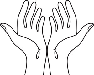 One line hand drawing. arms reaching up, an Islamic praying and a symbol of faith mosque. The concept of a religious image of a Muslim.