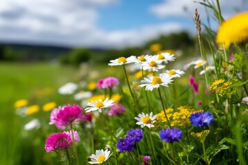 Obraz premium Vibrant Wildflower Meadow in Sweden during Spring Season Under Blue Sky