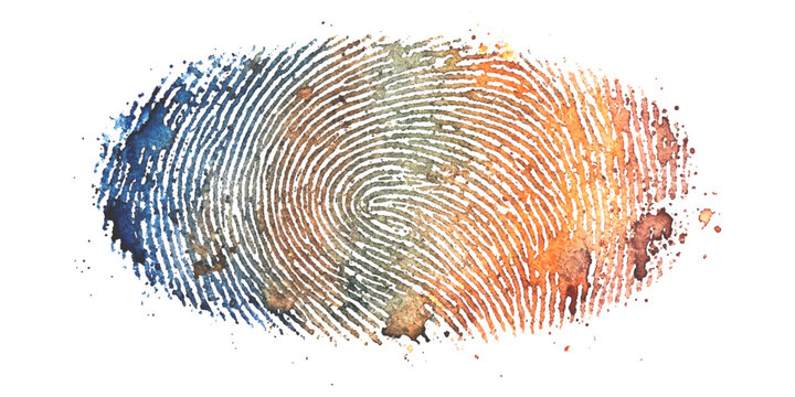 Unique fingerprint with colorful watercolor splashes and textured effect, representing identity and individuality