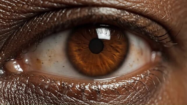 Extreme macro close-up of a human eye iris showing deep amber and brown textures, sharp focus on the pupil with subtle light reflections. Created with generative AI.