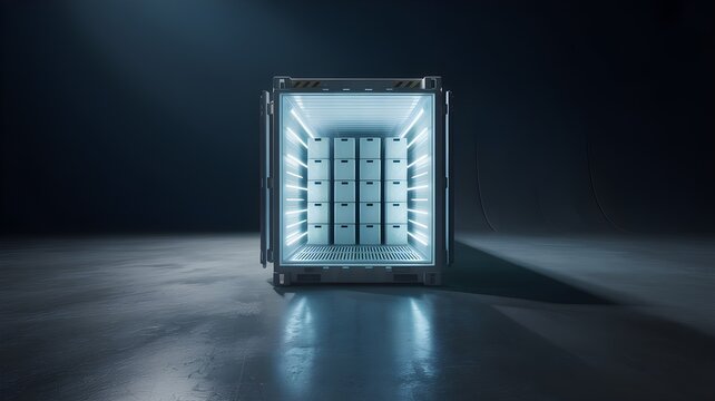 Cold chain management, refrigerated container with shelving and temperature control representing cold storage and distribution monitoring.