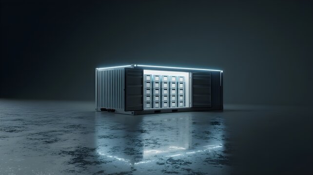 Refrigerated shipping container on wet floor under cool lighting representing cold chain management and temperature-controlled logistics.