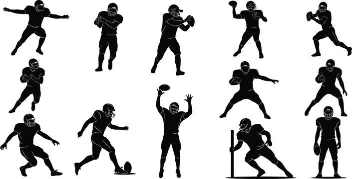 American football player icon set, sports silhouette, quarterback throw, receiver catch, running back, vector illustration, black pictogram, athletic pose, game